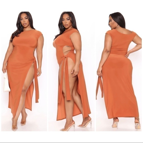 Fashion Nova Burnt Orange Camel Slinky Cutout Bodycon Maxi Dress Plus Size 2X - Picture 2 of 8